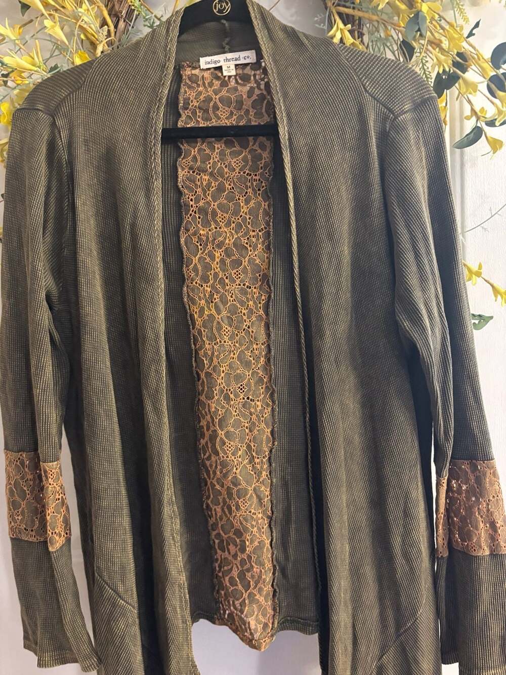 Indigo Thread Co. Olive Green Waffle Knit Open Front Cardigan with Lace Detail - Picture 1 of 4